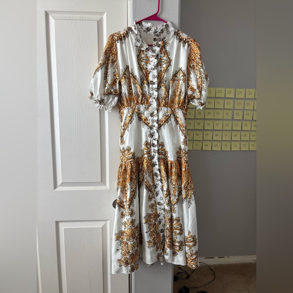 Elegant White and Gold Paisley Dress